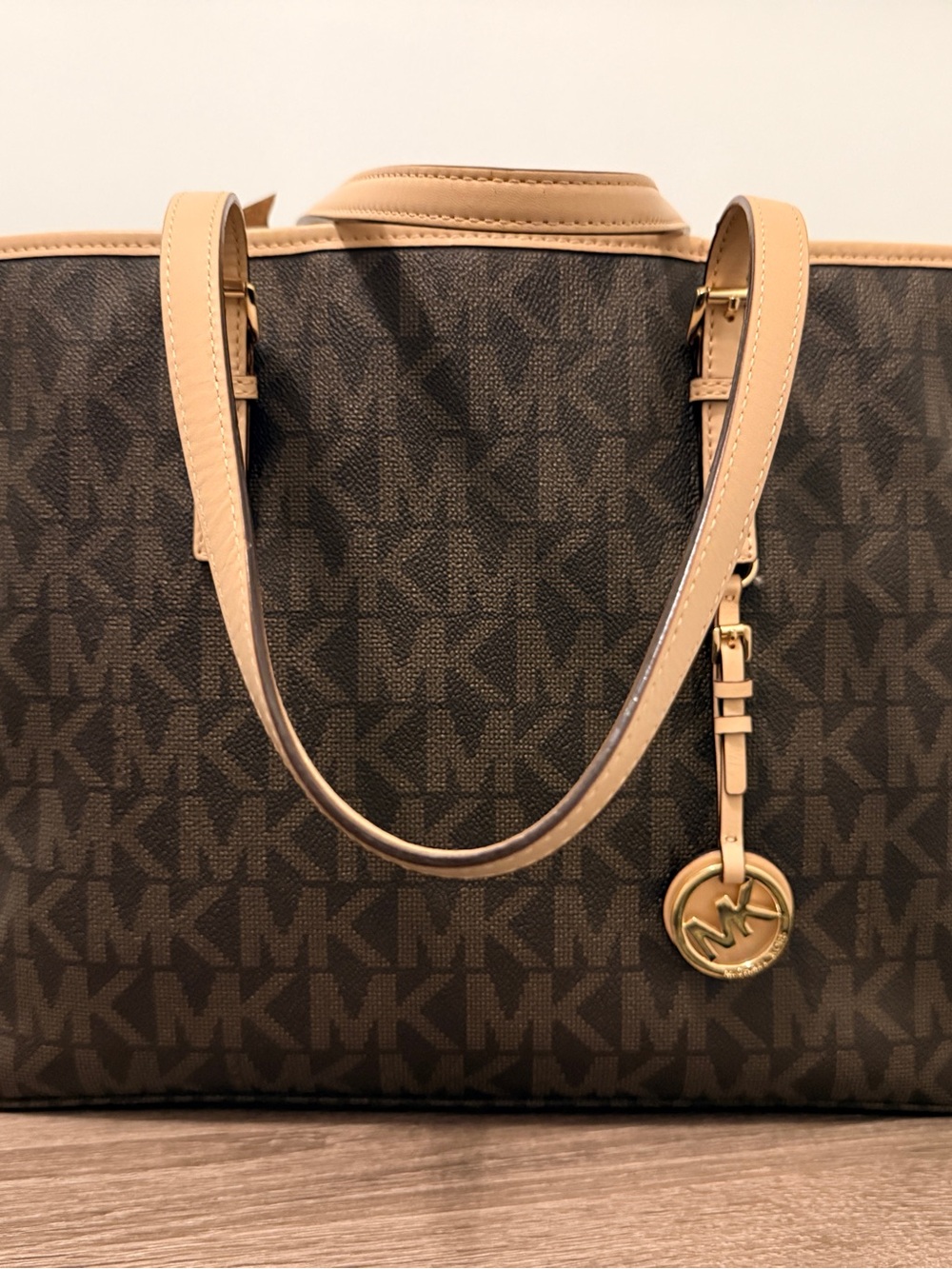 Michael Kors Dark Brown Signature Tote with Beige Trim and Gold Charm